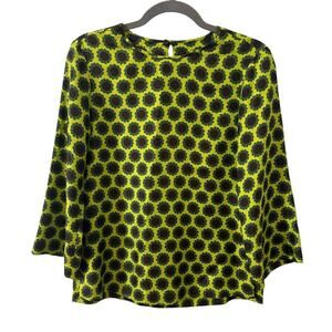 Odeeh 100% Silk Retro Floral Print Chartreuse Blouse Size EU 32 US XS